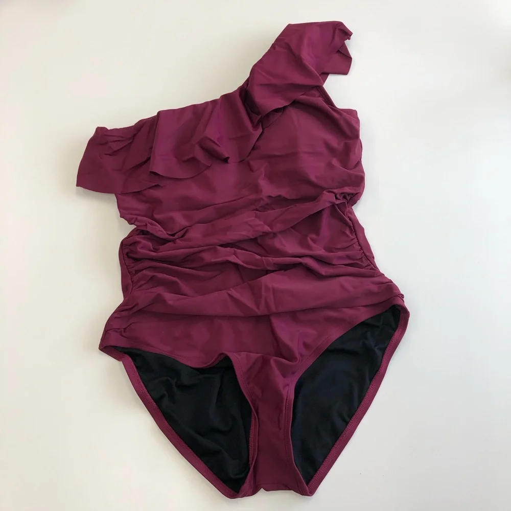Burgundy one piece one shoulder swimsuit - Picture 2 of 4